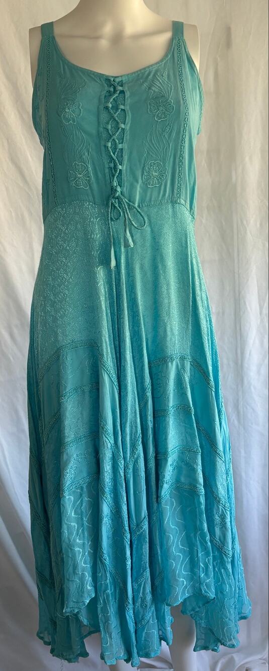 Turquoise Maxi Dress Free Size Lace Up Corset Handkerchief Hem Festival Boho